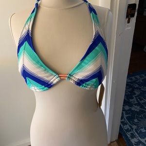 NWT Hobie Boho blue striped bikini top with orange string accents. Medium. Fun.